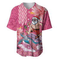 Hawaii Mele Kalikimaka Baseball Jersey Funny Santa with Tribal Tattoos Kakau Pink Color LT03 Pink - Polynesian Pride