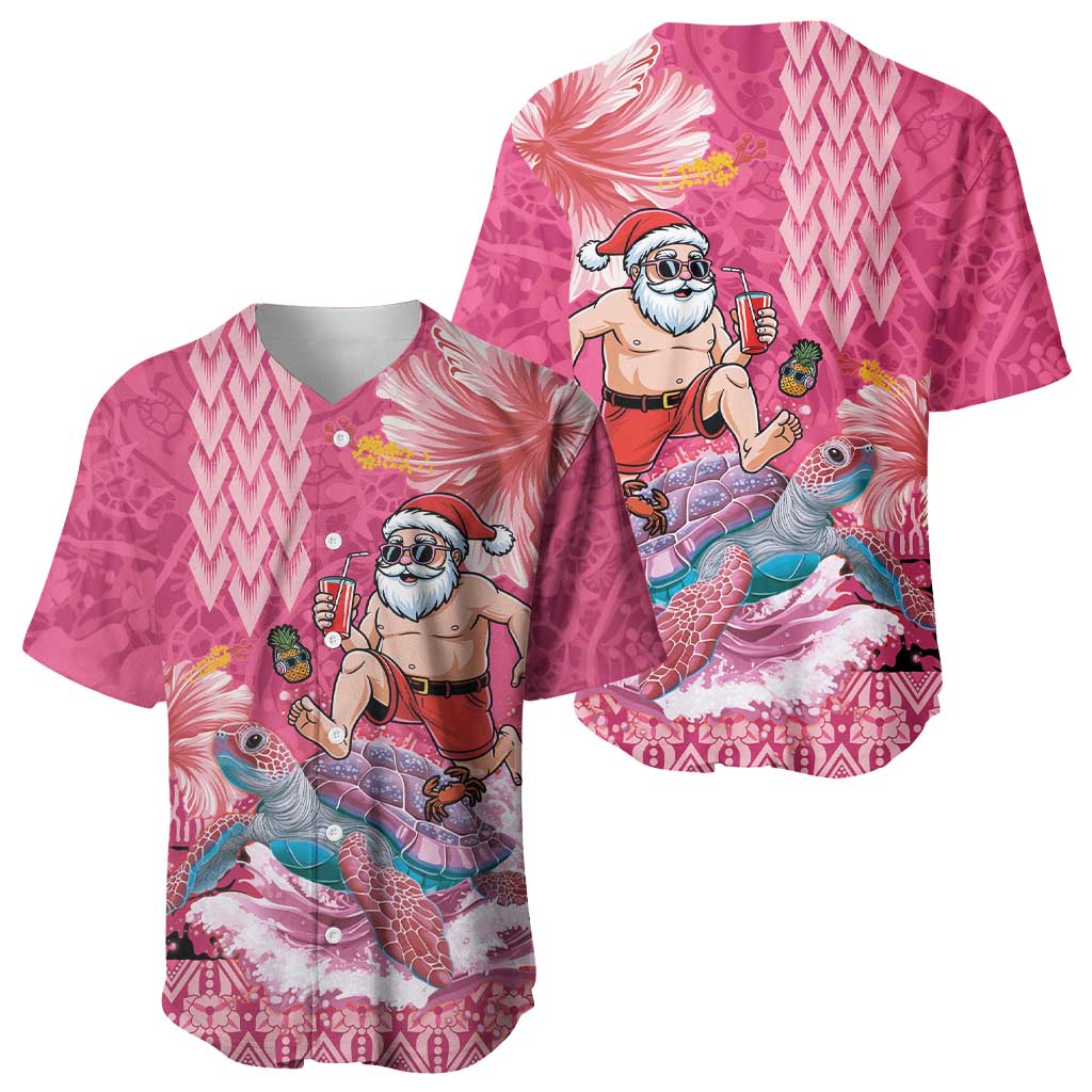 Hawaii Mele Kalikimaka Baseball Jersey Funny Santa with Tribal Tattoos Kakau Pink Color LT03 - Polynesian Pride