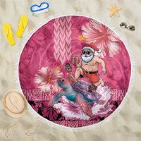 Hawaii Mele Kalikimaka Beach Blanket Funny Santa with Tribal Tattoos Kakau Pink Color LT03 One Size 150cm Pink - Polynesian Pride
