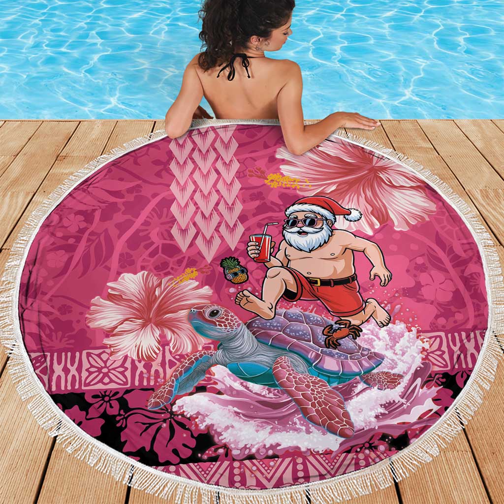 Hawaii Mele Kalikimaka Beach Blanket Funny Santa with Tribal Tattoos Kakau Pink Color LT03 - Polynesian Pride