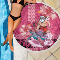 Hawaii Mele Kalikimaka Beach Blanket Funny Santa with Tribal Tattoos Kakau Pink Color LT03 - Polynesian Pride