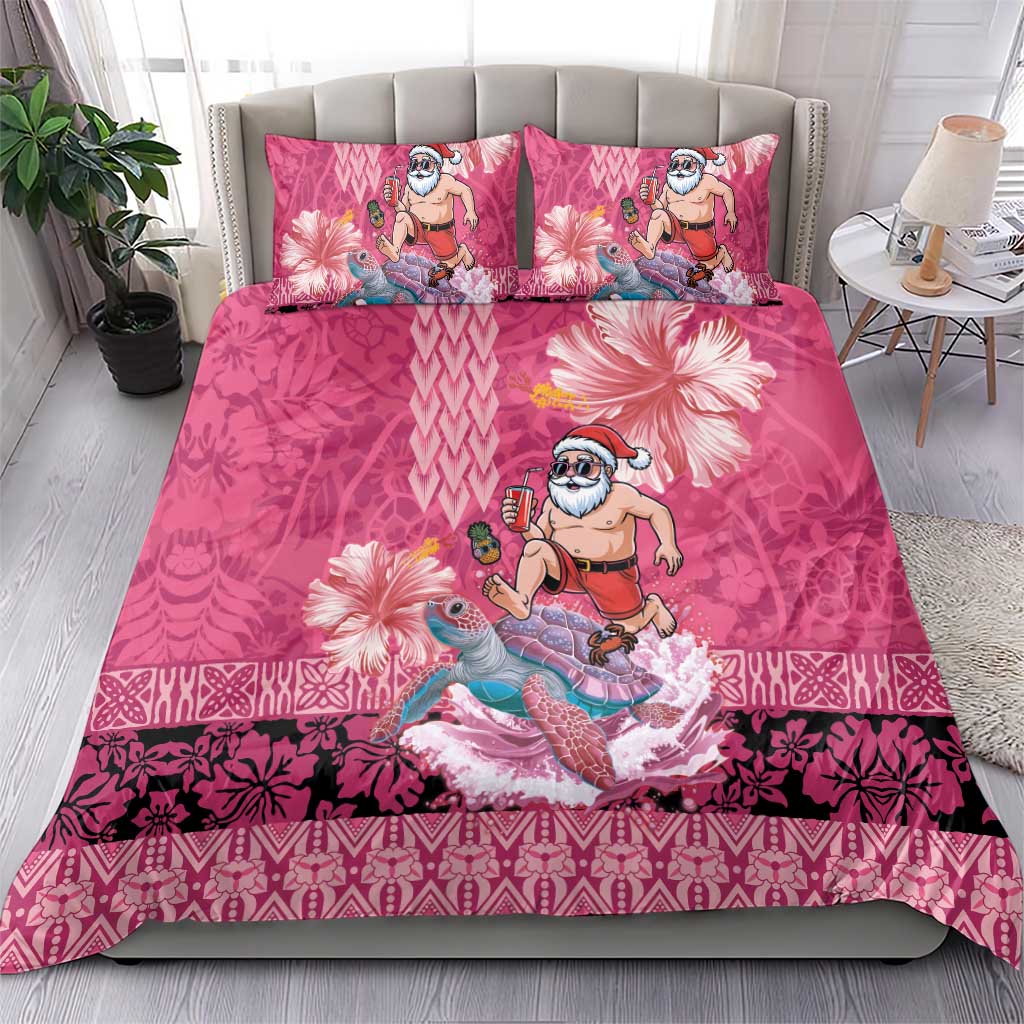 Hawaii Mele Kalikimaka Bedding Set Funny Santa with Tribal Tattoos Kakau Pink Color LT03 - Polynesian Pride
