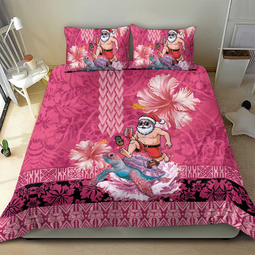 Hawaii Mele Kalikimaka Bedding Set Funny Santa with Tribal Tattoos Kakau Pink Color LT03 - Polynesian Pride