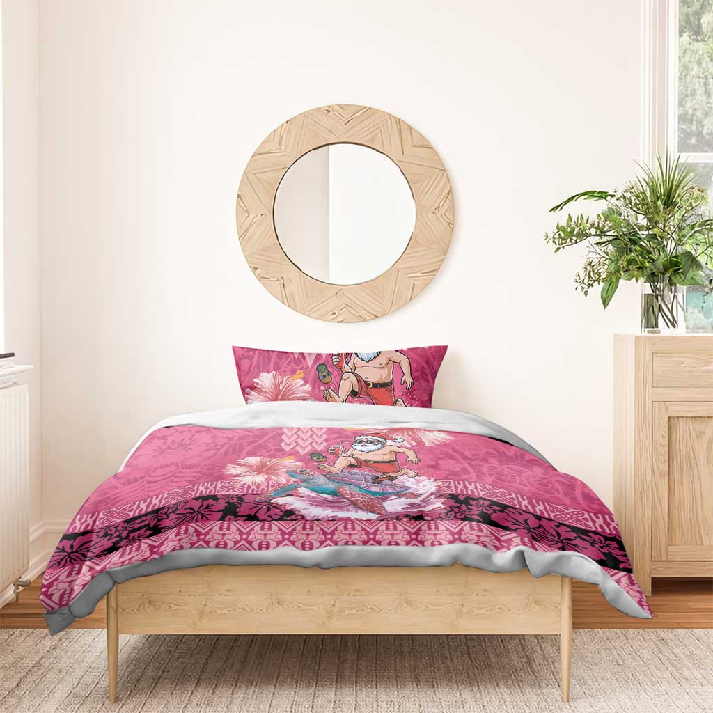 Hawaii Mele Kalikimaka Bedding Set Funny Santa with Tribal Tattoos Kakau Pink Color LT03 - Polynesian Pride