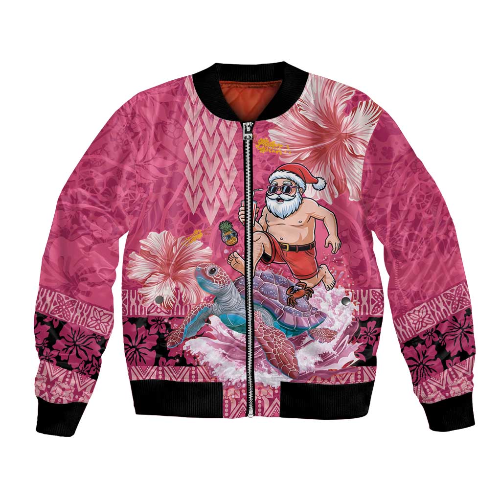 Hawaii Mele Kalikimaka Bomber Jacket Funny Santa with Tribal Tattoos Kakau Pink Color LT03 Unisex Pink - Polynesian Pride