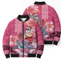 Hawaii Mele Kalikimaka Bomber Puffer Jacket Funny Santa with Tribal Tattoos Kakau Pink Color LT03 - Polynesian Pride
