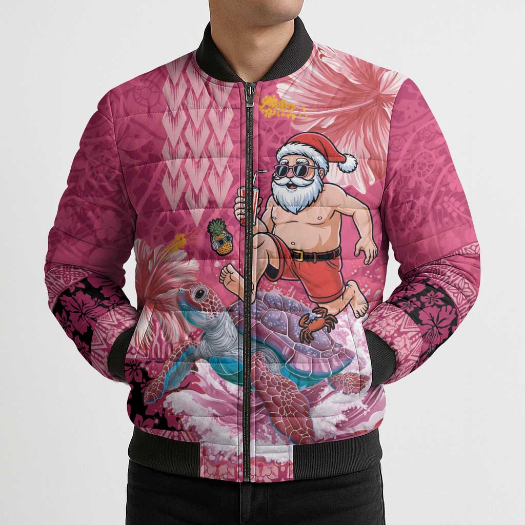 Hawaii Mele Kalikimaka Bomber Puffer Jacket Funny Santa with Tribal Tattoos Kakau Pink Color LT03 - Polynesian Pride