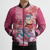 Hawaii Mele Kalikimaka Bomber Puffer Jacket Funny Santa with Tribal Tattoos Kakau Pink Color LT03 - Polynesian Pride