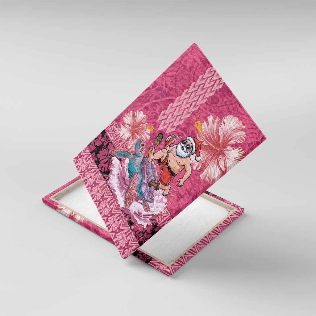Hawaii Mele Kalikimaka Canvas Wall Art Funny Santa with Tribal Tattoos Kakau Pink Color LT03 With Frame Pink - Polynesian Pride