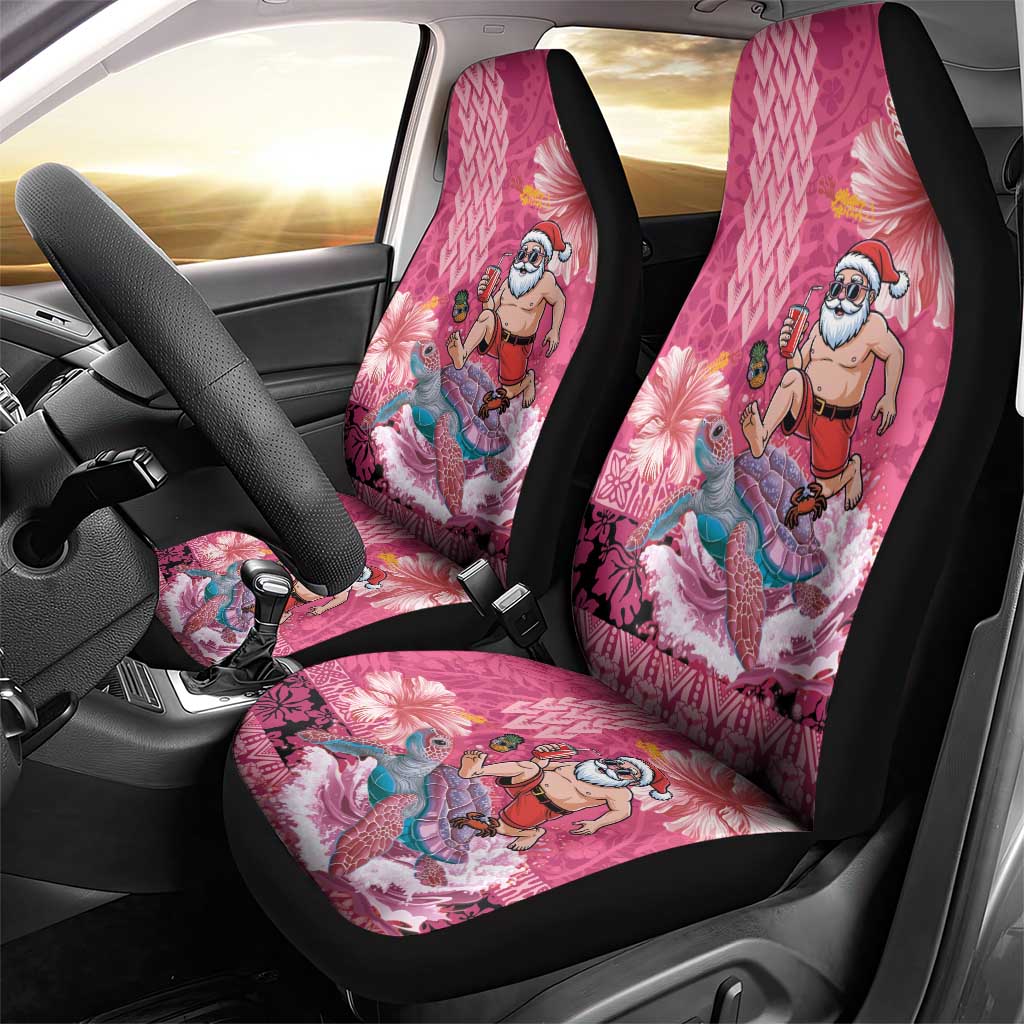 Hawaii Mele Kalikimaka Car Seat Cover Funny Santa with Tribal Tattoos Kakau Pink Color LT03 - Polynesian Pride