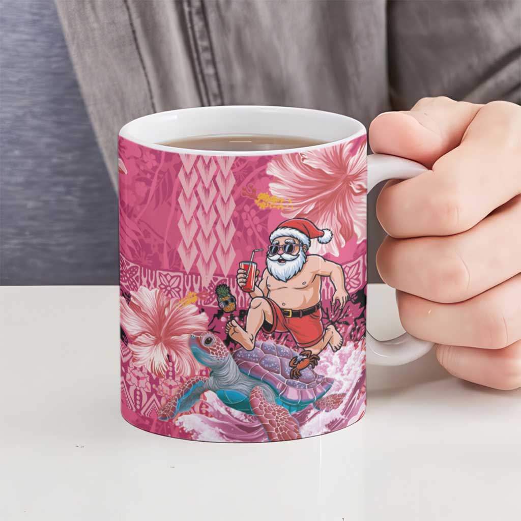 Hawaii Mele Kalikimaka Ceramic Mug Funny Santa with Tribal Tattoos Kakau Pink Color LT03 - Polynesian Pride