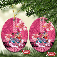 Hawaii Mele Kalikimaka Ceramic Ornament Funny Santa with Tribal Tattoos Kakau Pink Color LT03 Oval Pink - Polynesian Pride