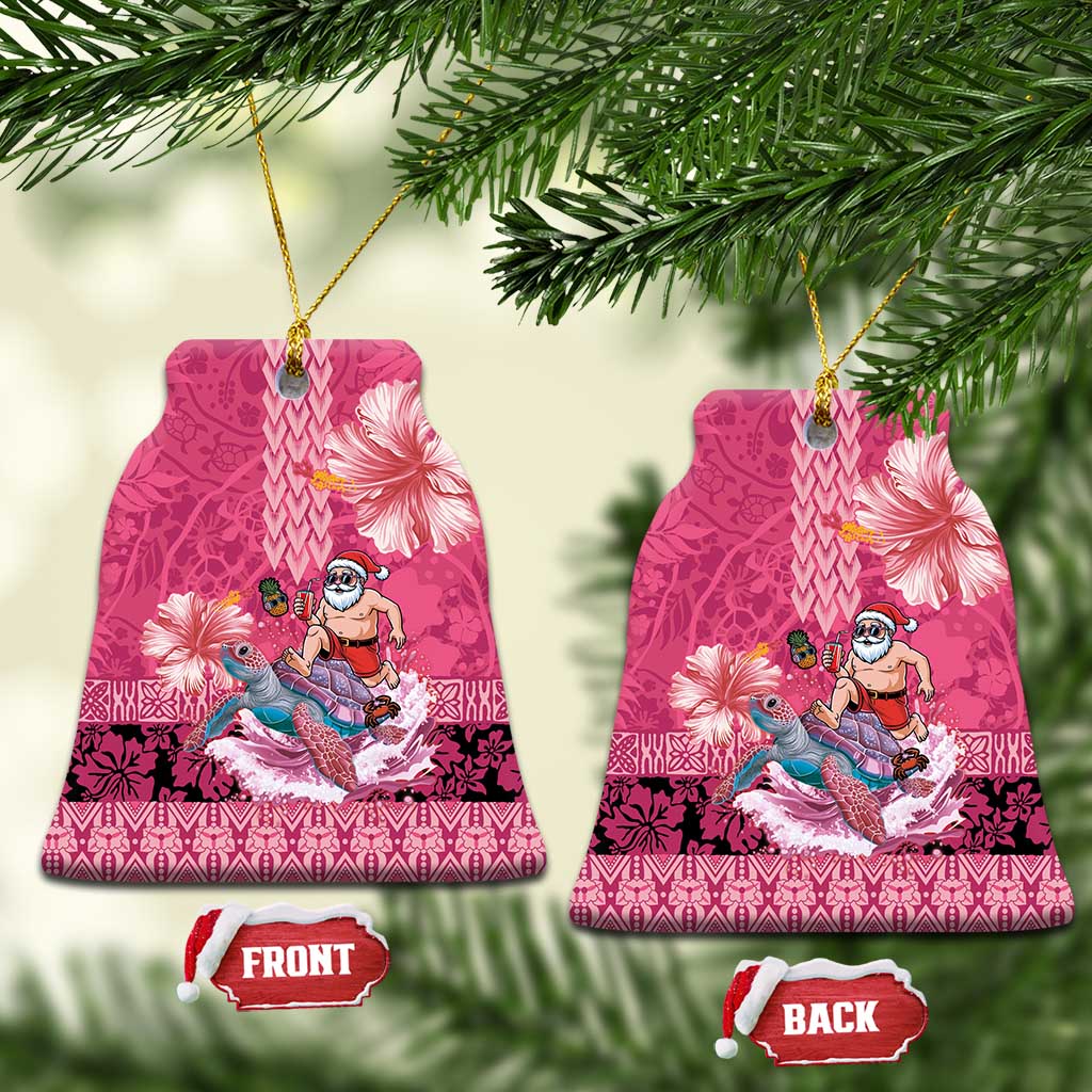 Hawaii Mele Kalikimaka Ceramic Ornament Funny Santa with Tribal Tattoos Kakau Pink Color LT03 Bell Flake Pink - Polynesian Pride