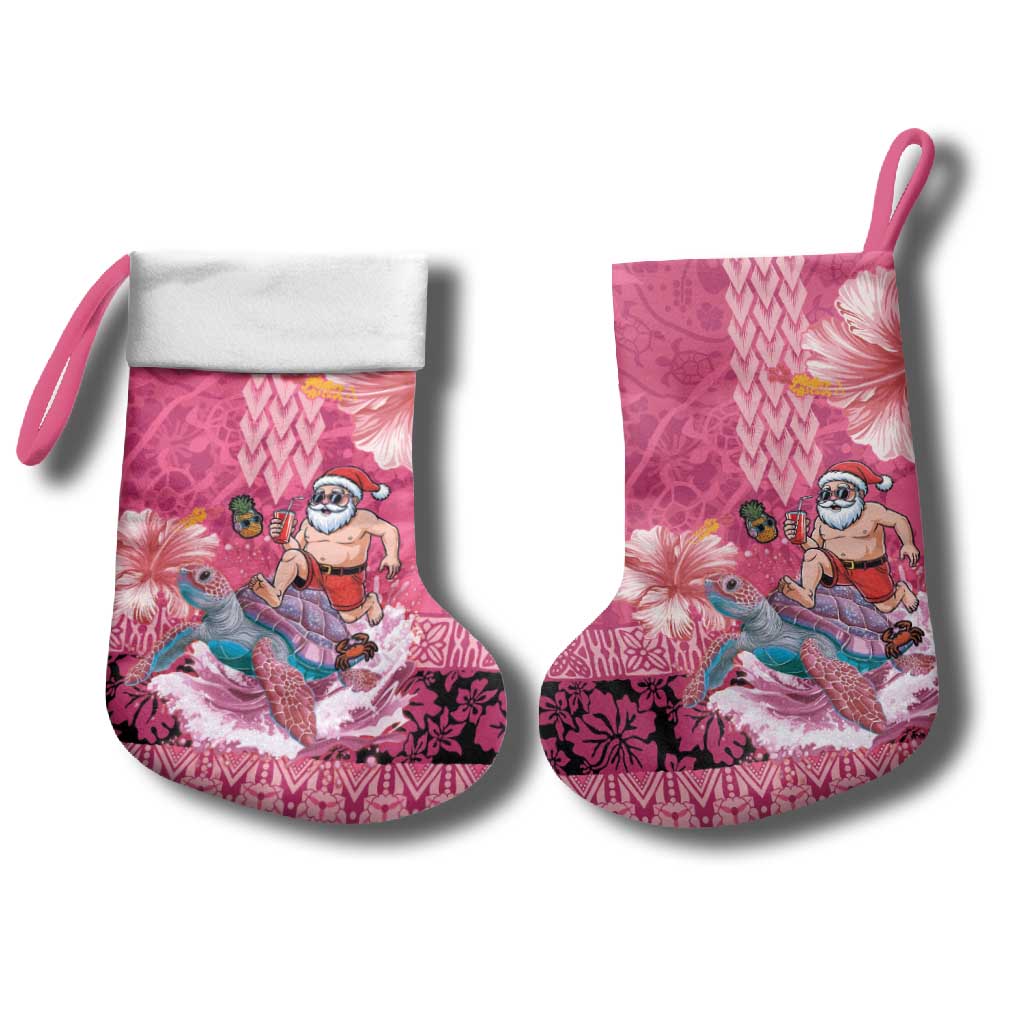 Hawaii Mele Kalikimaka Christmas Stocking Funny Santa with Tribal Tattoos Kakau Pink Color LT03 - Polynesian Pride