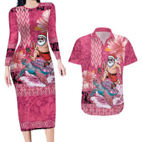 Hawaii Mele Kalikimaka Couples Matching Long Sleeve Bodycon Dress and Hawaiian Shirt Funny Santa with Tribal Tattoos Kakau Pink Color LT03 Pink - Polynesian Pride