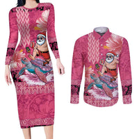 Hawaii Mele Kalikimaka Couples Matching Long Sleeve Bodycon Dress and Long Sleeve Button Shirt Funny Santa with Tribal Tattoos Kakau Pink Color LT03 Pink - Polynesian Pride