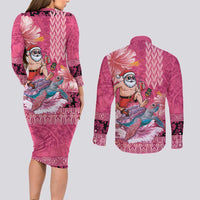 Hawaii Mele Kalikimaka Couples Matching Long Sleeve Bodycon Dress and Long Sleeve Button Shirt Funny Santa with Tribal Tattoos Kakau Pink Color LT03 - Polynesian Pride