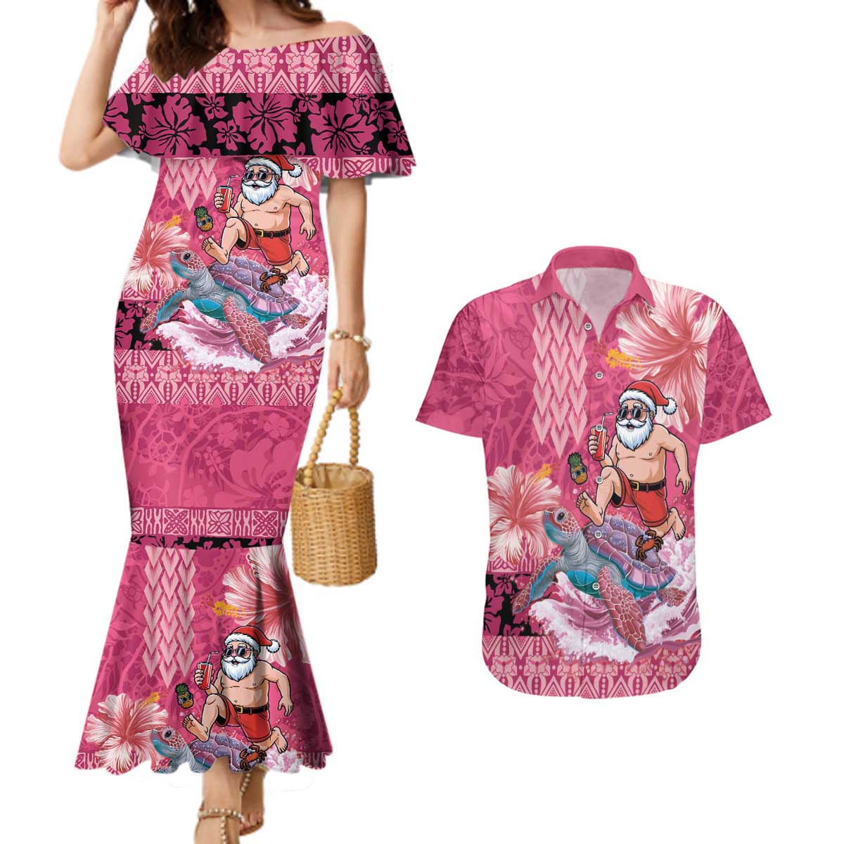 Hawaii Mele Kalikimaka Couples Matching Mermaid Dress and Hawaiian Shirt Funny Santa with Tribal Tattoos Kakau Pink Color LT03 Pink - Polynesian Pride