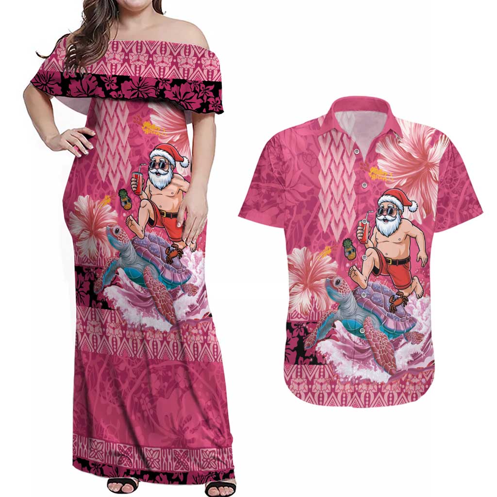 Hawaii Mele Kalikimaka Couples Matching Off Shoulder Maxi Dress and Hawaiian Shirt Funny Santa with Tribal Tattoos Kakau Pink Color LT03 Pink - Polynesian Pride