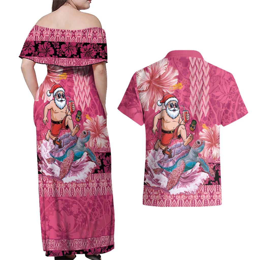 Hawaii Mele Kalikimaka Couples Matching Off Shoulder Maxi Dress and Hawaiian Shirt Funny Santa with Tribal Tattoos Kakau Pink Color LT03 - Polynesian Pride