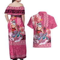 Hawaii Mele Kalikimaka Couples Matching Off Shoulder Maxi Dress and Hawaiian Shirt Funny Santa with Tribal Tattoos Kakau Pink Color LT03 - Polynesian Pride