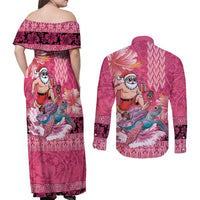 Hawaii Mele Kalikimaka Couples Matching Off Shoulder Maxi Dress and Long Sleeve Button Shirt Funny Santa with Tribal Tattoos Kakau Pink Color LT03 - Polynesian Pride