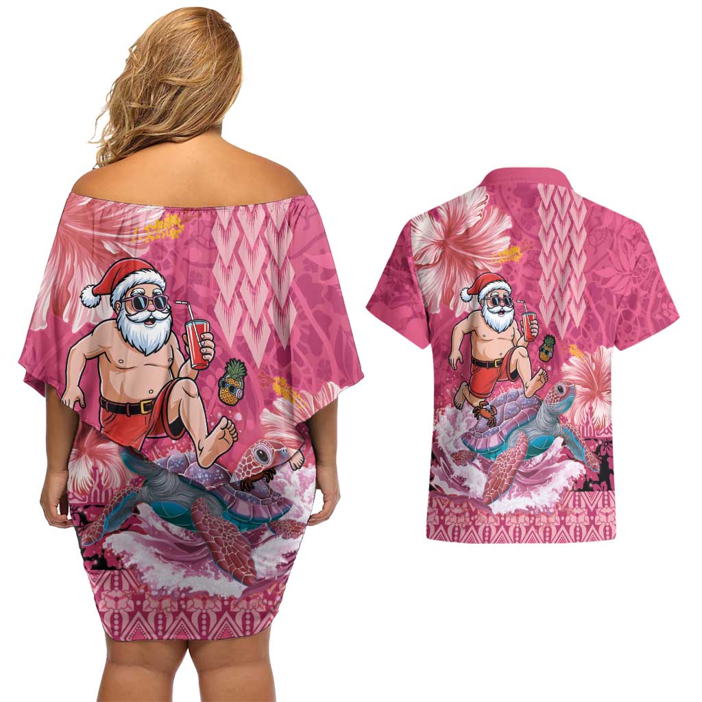 Hawaii Mele Kalikimaka Couples Matching Off Shoulder Short Dress and Hawaiian Shirt Funny Santa with Tribal Tattoos Kakau Pink Color LT03 - Polynesian Pride