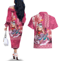 Hawaii Mele Kalikimaka Couples Matching Off The Shoulder Long Sleeve Dress and Hawaiian Shirt Funny Santa with Tribal Tattoos Kakau Pink Color LT03 - Polynesian Pride