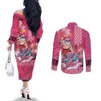 Hawaii Mele Kalikimaka Couples Matching Off The Shoulder Long Sleeve Dress and Long Sleeve Button Shirt Funny Santa with Tribal Tattoos Kakau Pink Color LT03 - Polynesian Pride