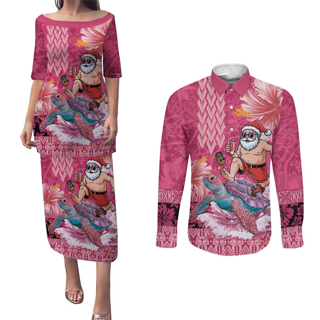 Hawaii Mele Kalikimaka Couples Matching Puletasi and Long Sleeve Button Shirt Funny Santa with Tribal Tattoos Kakau Pink Color LT03 Pink - Polynesian Pride