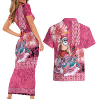 Hawaii Mele Kalikimaka Couples Matching Short Sleeve Bodycon Dress and Hawaiian Shirt Funny Santa with Tribal Tattoos Kakau Pink Color LT03 - Polynesian Pride