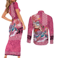 Hawaii Mele Kalikimaka Couples Matching Short Sleeve Bodycon Dress and Long Sleeve Button Shirt Funny Santa with Tribal Tattoos Kakau Pink Color LT03 - Polynesian Pride