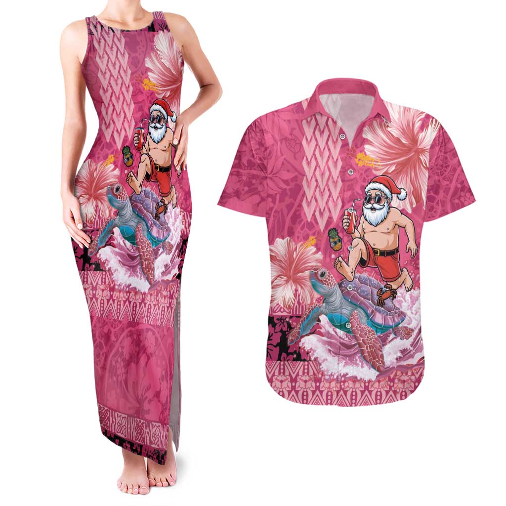 Hawaii Mele Kalikimaka Couples Matching Tank Maxi Dress and Hawaiian Shirt Funny Santa with Tribal Tattoos Kakau Pink Color LT03 Pink - Polynesian Pride