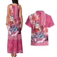 Hawaii Mele Kalikimaka Couples Matching Tank Maxi Dress and Hawaiian Shirt Funny Santa with Tribal Tattoos Kakau Pink Color LT03 - Polynesian Pride