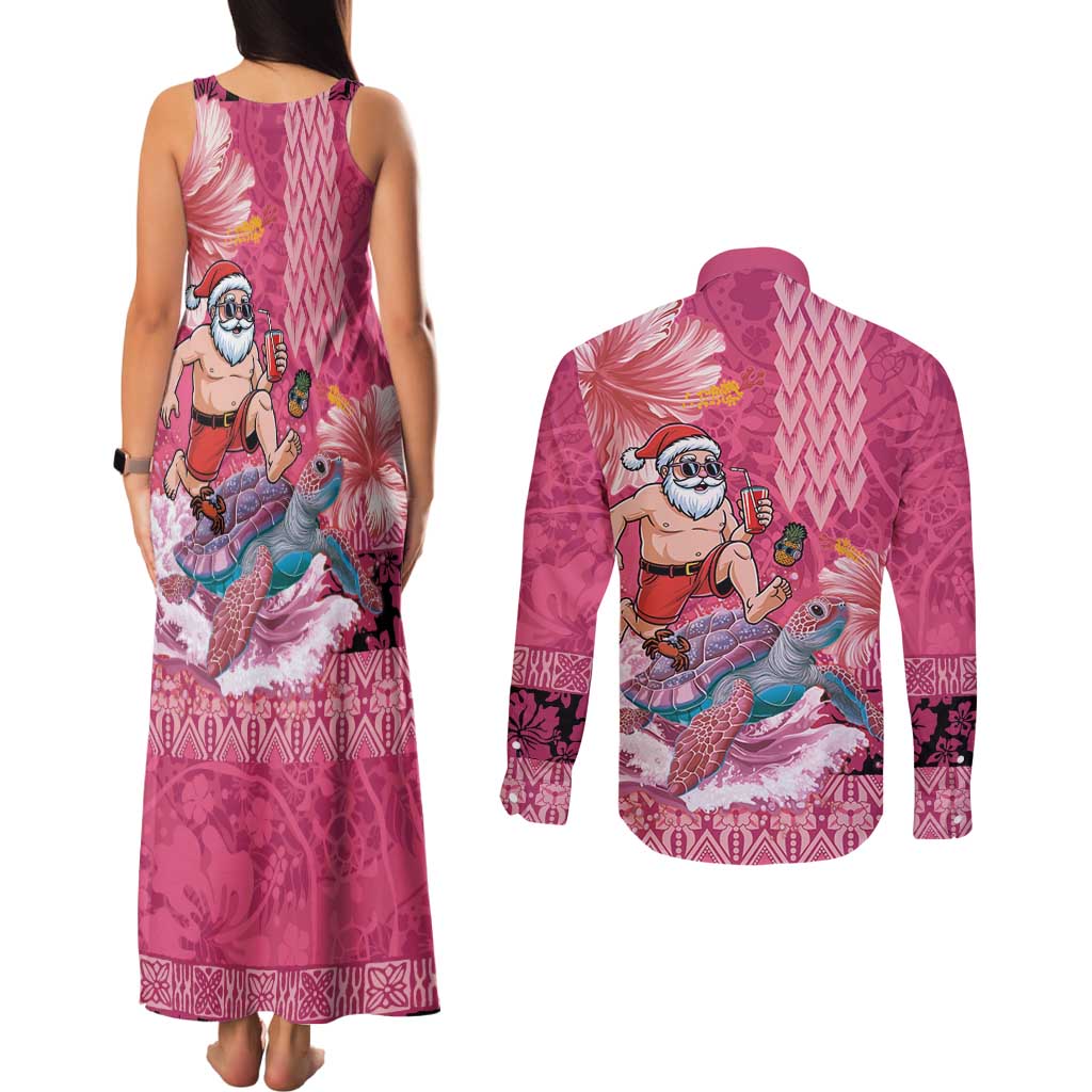 Hawaii Mele Kalikimaka Couples Matching Tank Maxi Dress and Long Sleeve Button Shirt Funny Santa with Tribal Tattoos Kakau Pink Color LT03 - Polynesian Pride