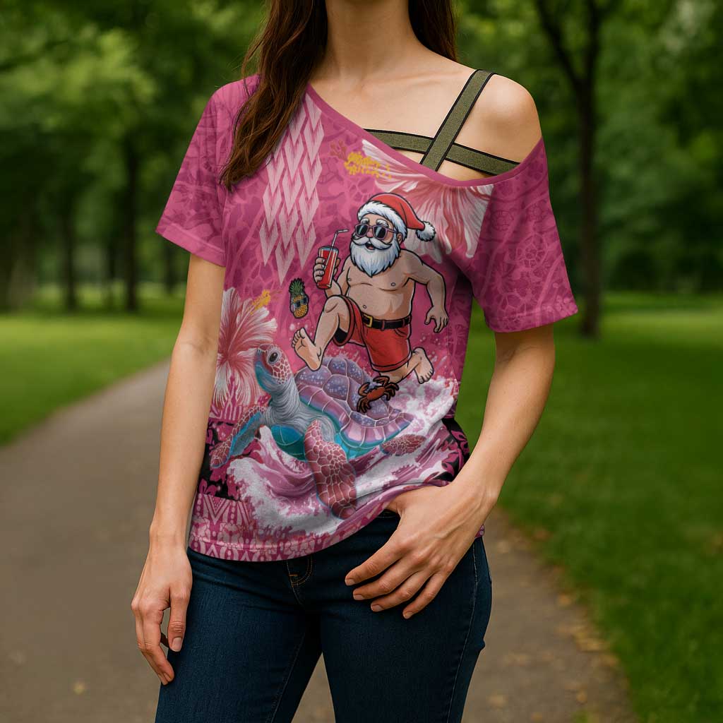 Hawaii Mele Kalikimaka Cross Shoulder Shirt Funny Santa with Tribal Tattoos Kakau Pink Color LT03 - Polynesian Pride