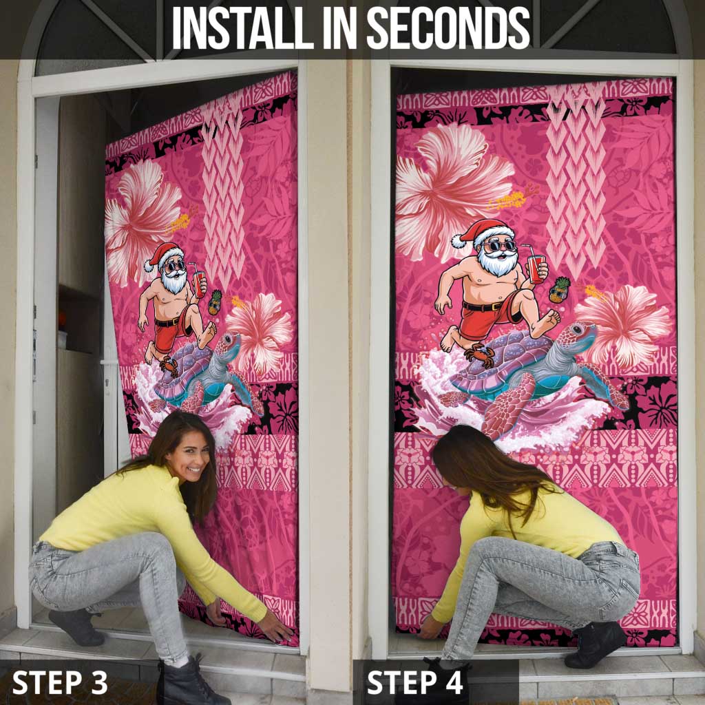 Hawaii Mele Kalikimaka Door Cover Funny Santa with Tribal Tattoos Kakau Pink Color LT03 - Polynesian Pride