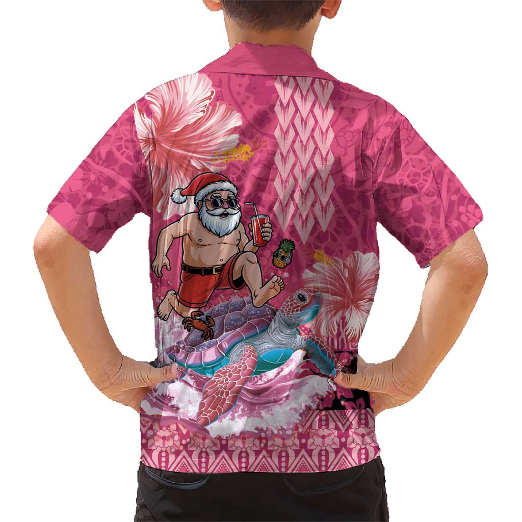 Hawaii Mele Kalikimaka Family Matching Long Sleeve Bodycon Dress and Hawaiian Shirt Funny Santa with Tribal Tattoos Kakau Pink Color LT03 - Polynesian Pride