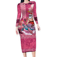 Hawaii Mele Kalikimaka Family Matching Long Sleeve Bodycon Dress and Hawaiian Shirt Funny Santa with Tribal Tattoos Kakau Pink Color LT03 Mom's Dress Pink - Polynesian Pride
