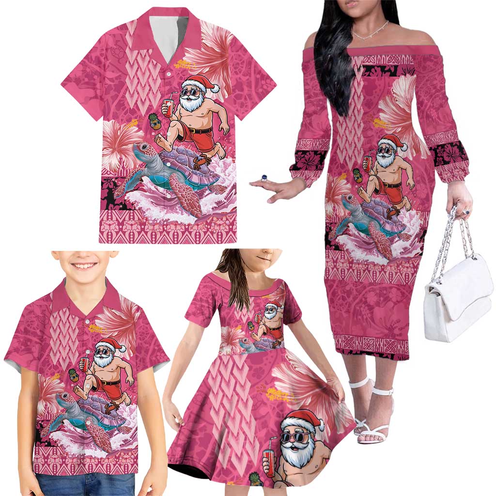 Hawaii Mele Kalikimaka Family Matching Off The Shoulder Long Sleeve Dress and Hawaiian Shirt Funny Santa with Tribal Tattoos Kakau Pink Color - Polynesian Pride