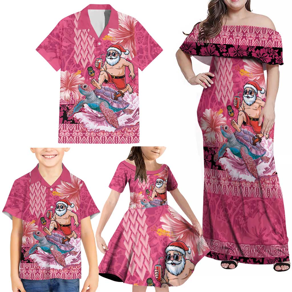 Hawaii Mele Kalikimaka Family Matching Off Shoulder Maxi Dress and Hawaiian Shirt Funny Santa with Tribal Tattoos Kakau Pink Color - Polynesian Pride