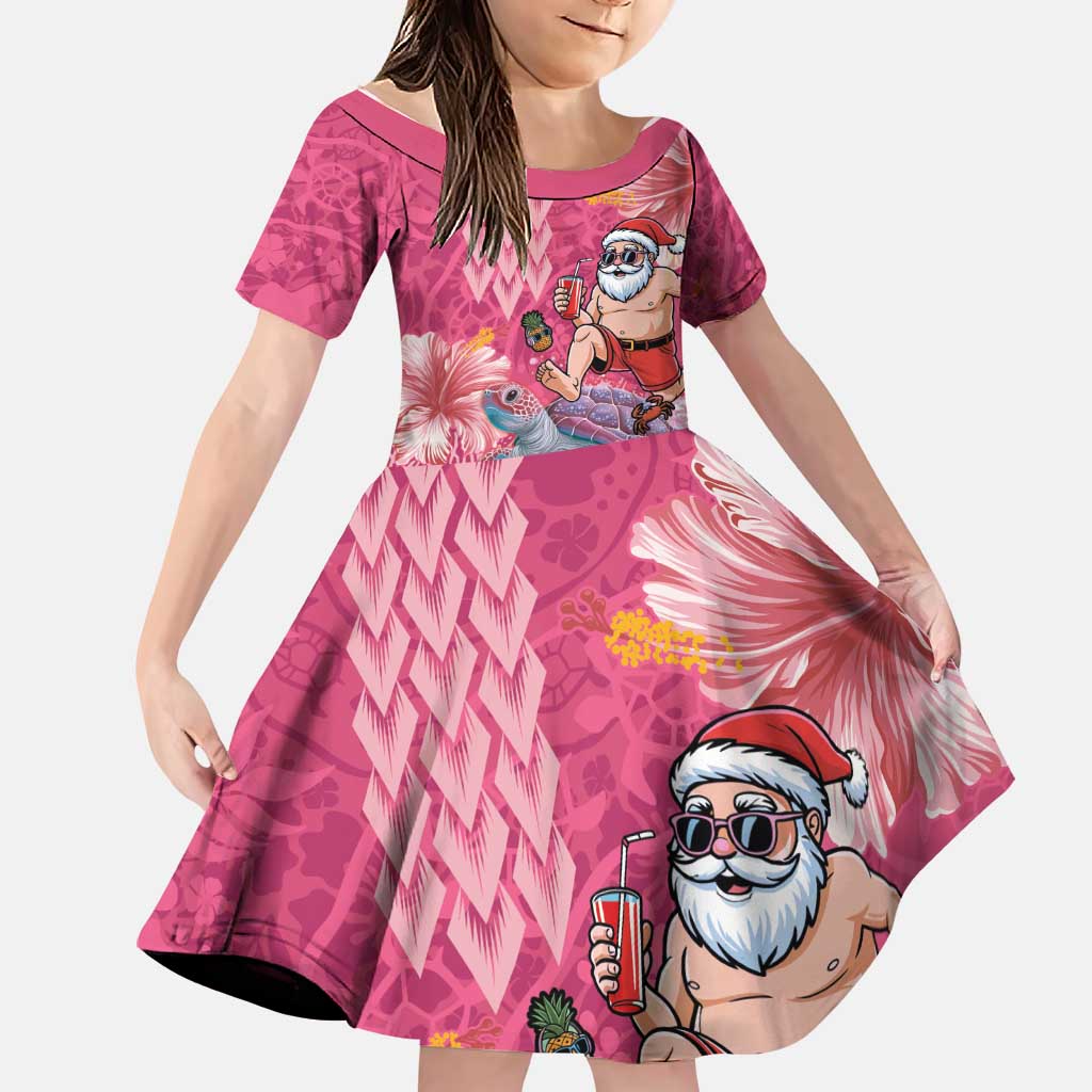 Hawaii Mele Kalikimaka Family Matching Off Shoulder Short Dress and Hawaiian Shirt Funny Santa with Tribal Tattoos Kakau Pink Color LT03 Daughter's Dress Pink - Polynesian Pride