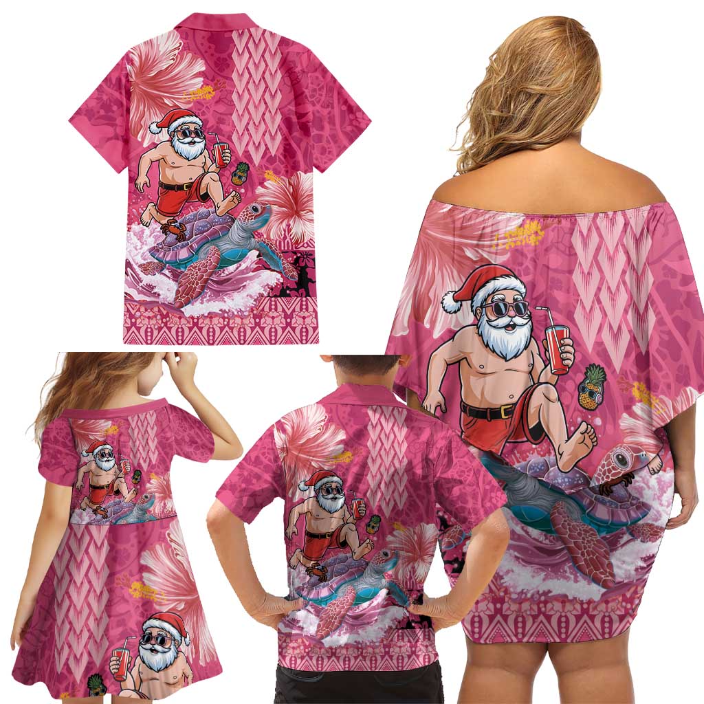 Hawaii Mele Kalikimaka Family Matching Off Shoulder Short Dress and Hawaiian Shirt Funny Santa with Tribal Tattoos Kakau Pink Color LT03 - Polynesian Pride