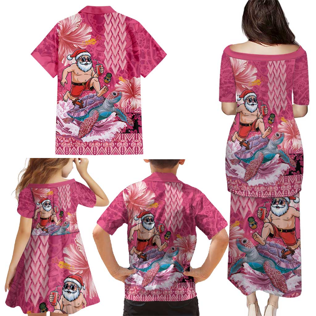Hawaii Mele Kalikimaka Family Matching Puletasi and Hawaiian Shirt Funny Santa with Tribal Tattoos Kakau Pink Color LT03 - Polynesian Pride