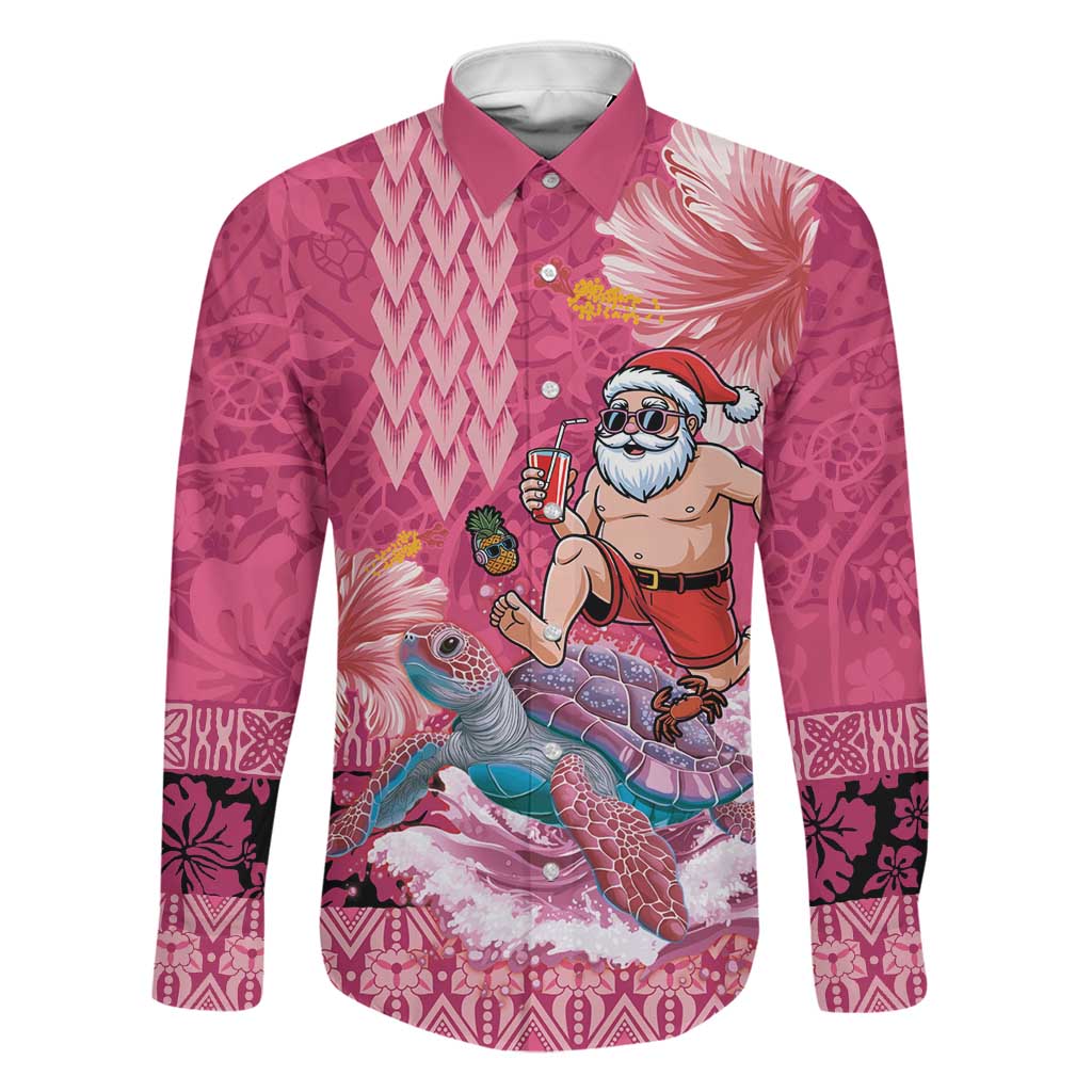 Hawaii Mele Kalikimaka Family Matching Puletasi and Hawaiian Shirt Funny Santa with Tribal Tattoos Kakau Pink Color LT03 Dad's Shirt - Long Sleeve Pink - Polynesian Pride