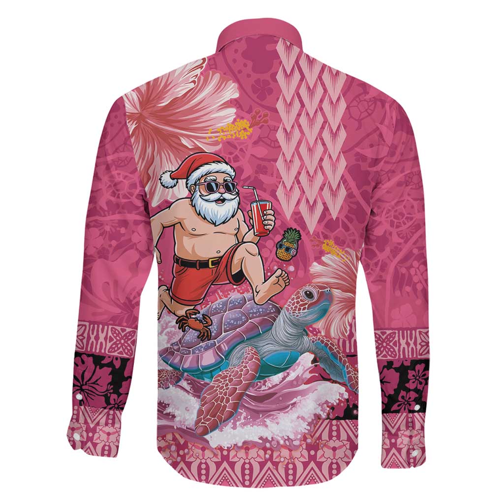 Hawaii Mele Kalikimaka Family Matching Puletasi and Hawaiian Shirt Funny Santa with Tribal Tattoos Kakau Pink Color LT03 - Polynesian Pride