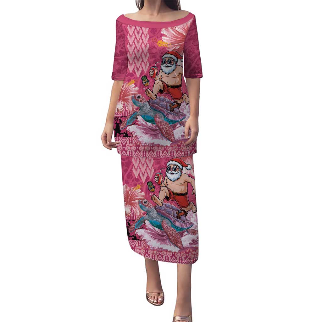 Hawaii Mele Kalikimaka Family Matching Puletasi and Hawaiian Shirt Funny Santa with Tribal Tattoos Kakau Pink Color LT03 Mom's Dress Pink - Polynesian Pride