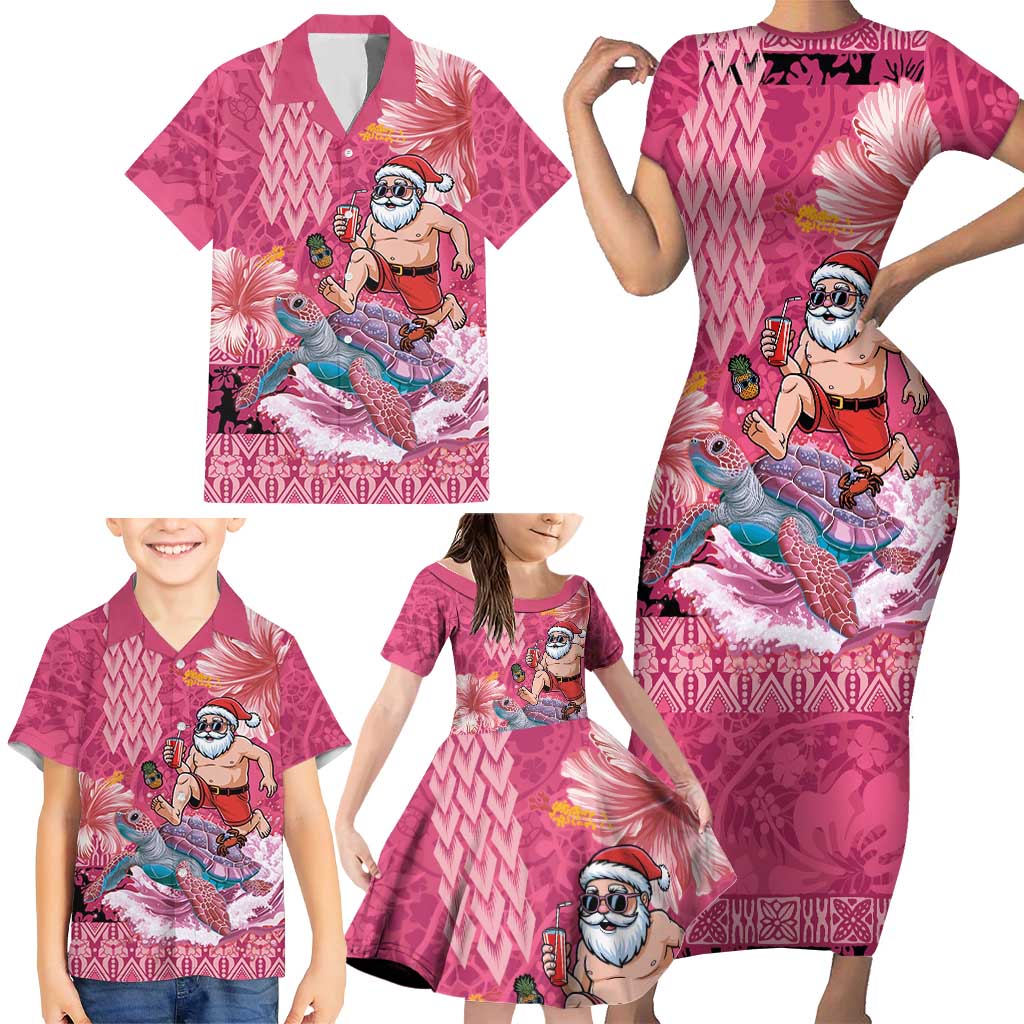 Hawaii Mele Kalikimaka Family Matching Short Sleeve Bodycon Dress and Hawaiian Shirt Funny Santa with Tribal Tattoos Kakau Pink Color - Polynesian Pride