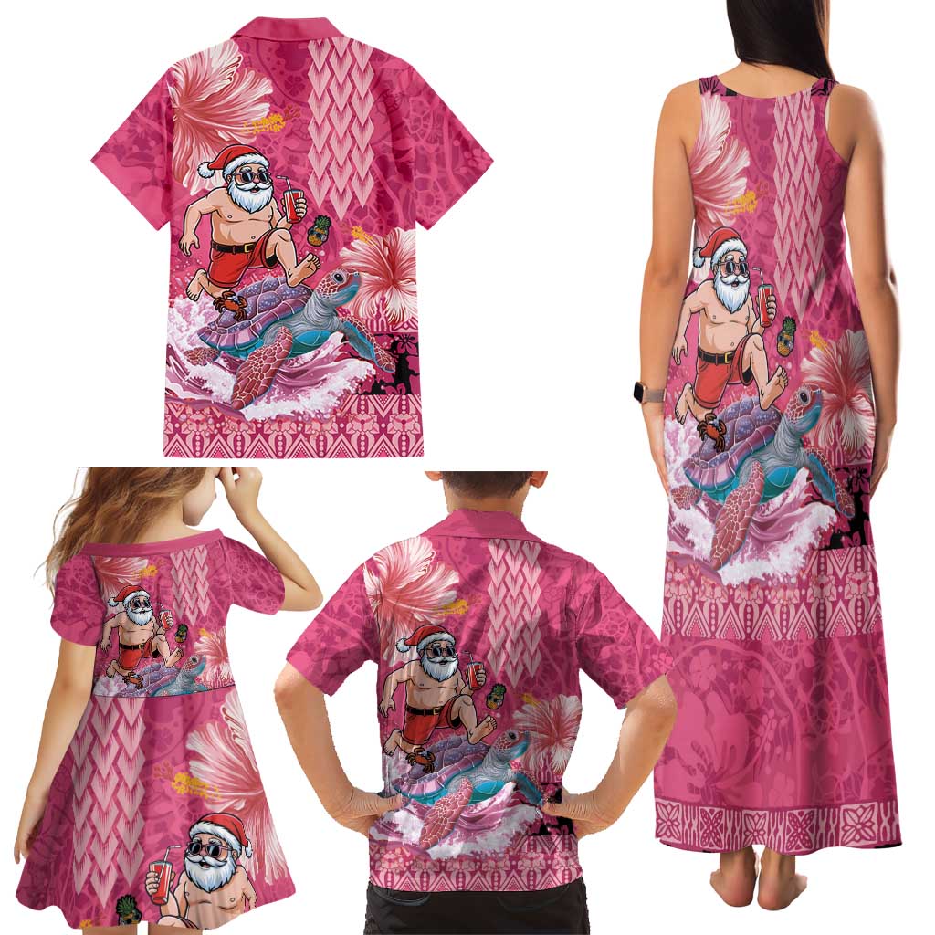 Hawaii Mele Kalikimaka Family Matching Tank Maxi Dress and Hawaiian Shirt Funny Santa with Tribal Tattoos Kakau Pink Color LT03 - Polynesian Pride