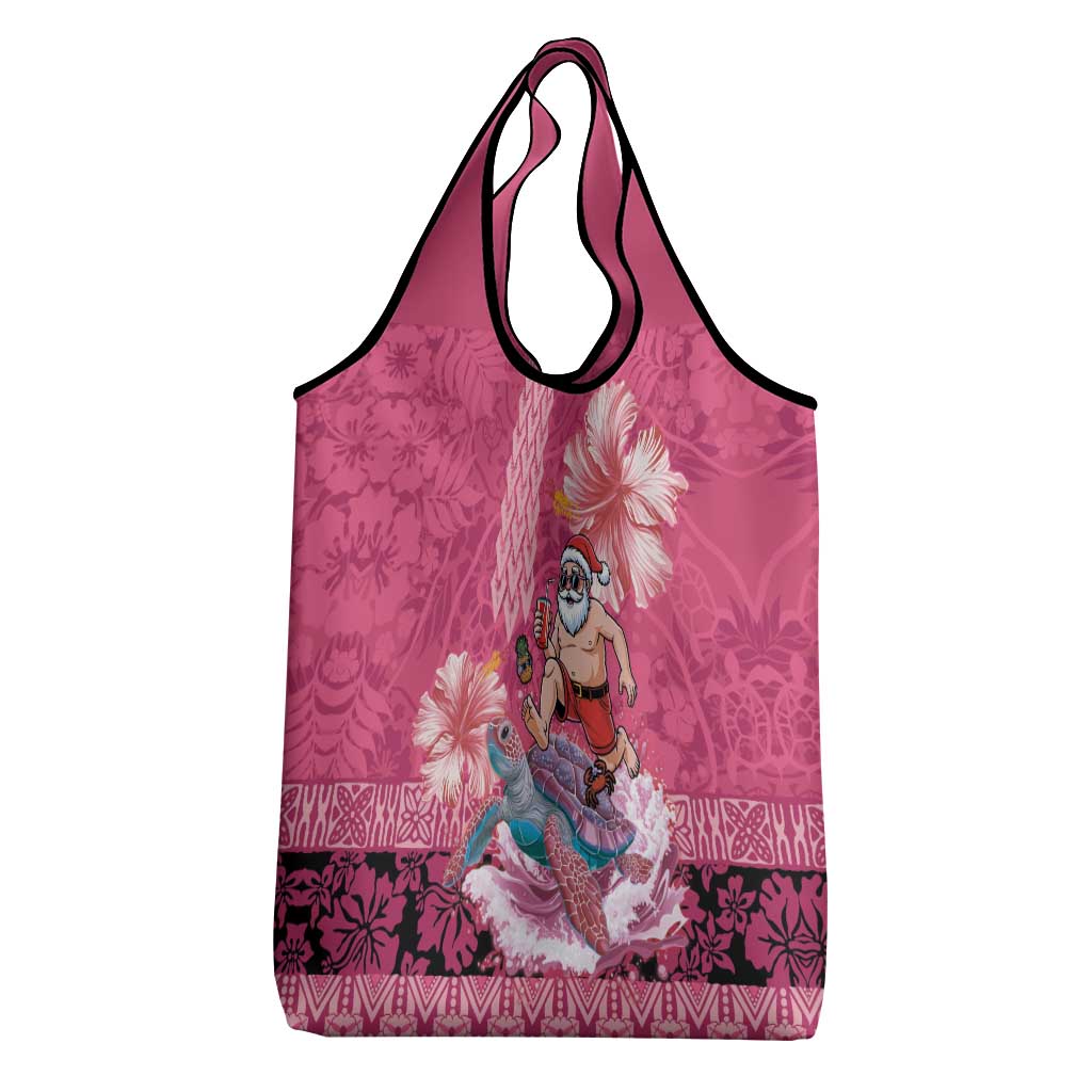 Hawaii Mele Kalikimaka Grocery Bag Funny Santa with Tribal Tattoos Kakau Pink Color LT03 - Polynesian Pride